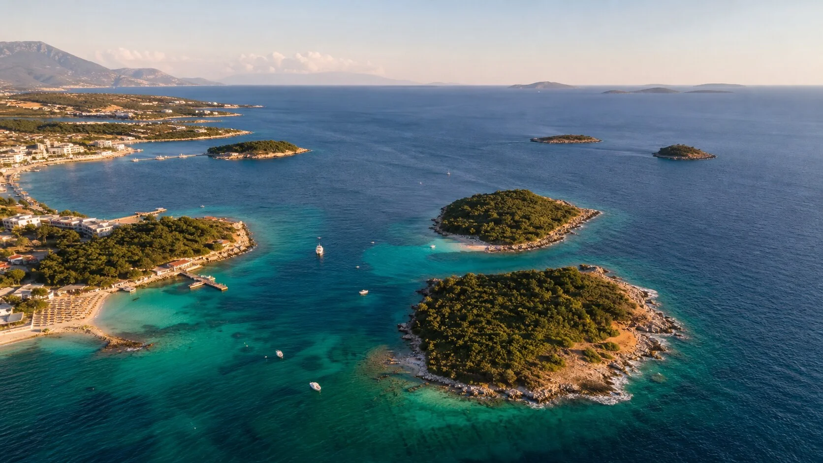 Aerial view of Ksamil islands with turquoise Ionian Sea, Albania